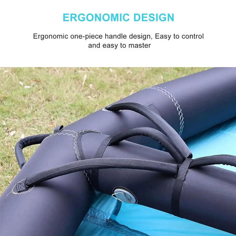 Close-up of ergonomic handle on inflatable foil wing for wind wing foiling, 5m2 handheld wing with window design.