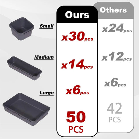 Comparison image showing 50 Pack Tool Box Organizer Tray Set with small, medium, and large trays against another brand's 42 pcs set.