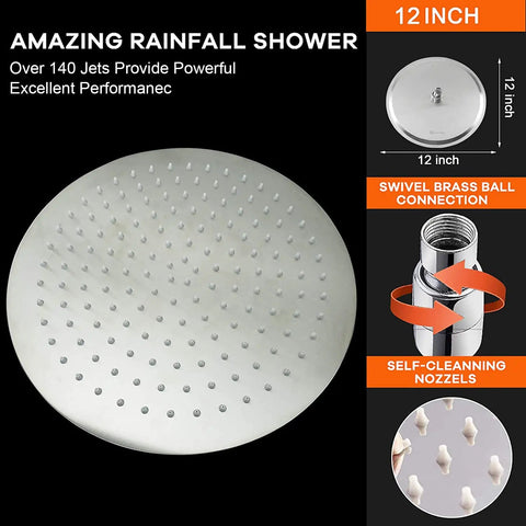 12 Inch Round Rain Shower Head With Arm, All Out Stainless Steel Rainfall Waterfall Showerhead For Full Body Coverage image