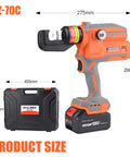 Slick Electric Hydraulic Crimping Tool Featuring Brushless Motor, 12 Ton Battery Lug Wire Crimper With Nine Dies. Product dimensions shown.