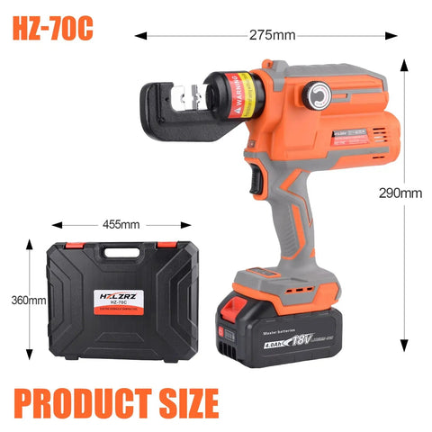 Slick Electric Hydraulic Crimping Tool Featuring Brushless Motor, 12 Ton Battery Lug Wire Crimper With Nine Dies. Product dimensions shown.
