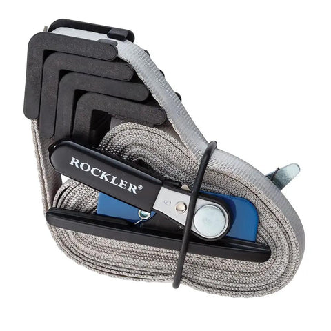 Band Clamp Accessory Kit With Plastic Boot And Rubber Retainer Strap For 1 X 15 Band Clamp And Older Clamps Helps Align Nylon Band When Rolling Up And Keeps Your Setup Tight And Ready To Go, shows folded clamp with Rockler branding