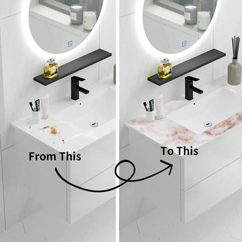 Bathroom vanity transformation with White And Gold Marble Peel And Stick Countertop Wallpaper DIY Friendly Self Adhesive Cover