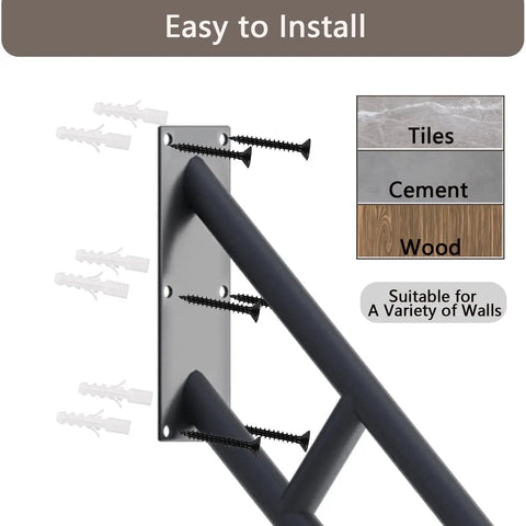 Easy install of Two Pack 26 Inch U Shaped Stair Handrails With Extra Crossbars shown with screws for various wall types