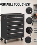 Heavy Duty Steel Rolling Tool Chest With Smooth Glide Wheels And Lockable Five Drawer Mobile Cart Delivers Hella Durable Storage For Garage Or Automotive Tasks In Classic Black Finish with 5 drawers.