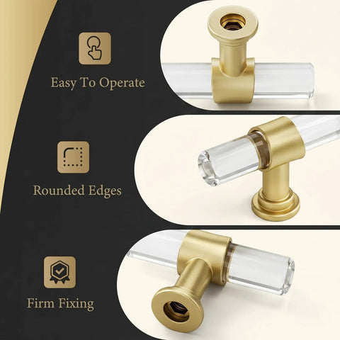 Close-up of Five Pack Gold Acrylic Drawer Pulls With Brushed Brass Base, Three And Three Quarters Inch Center Hole, 0.5 Inch Diameter.