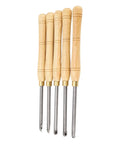 Rock Solid 5 Piece Wood Lathe Turning Tool Set With Durable Cemented Carbide Blades Ideal For Pro Woodworkers Who Need Heavy Duty Gouges And Skew Chisels For Any Crafting Project, featuring five tools with wooden handles.