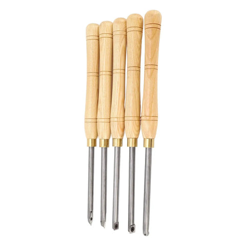 Rock Solid 5 Piece Wood Lathe Turning Tool Set With Durable Cemented Carbide Blades Ideal For Pro Woodworkers Who Need Heavy Duty Gouges And Skew Chisels For Any Crafting Project, featuring five tools with wooden handles.