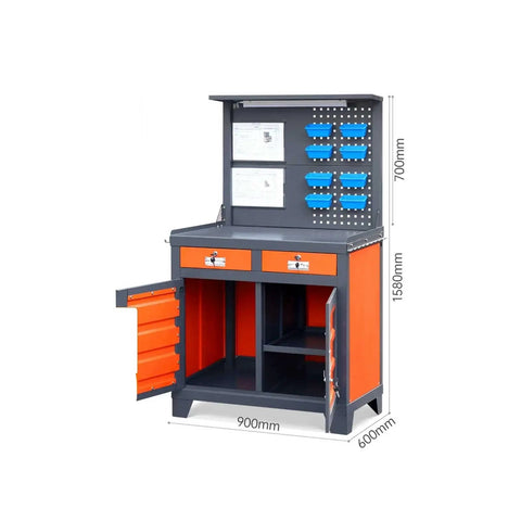 Heavy Duty Steel Workbench With Two Lockable Drawers And Pegboard Organizer For Garages Workshops And Machine Shops, featuring a 900mm wide surface.
