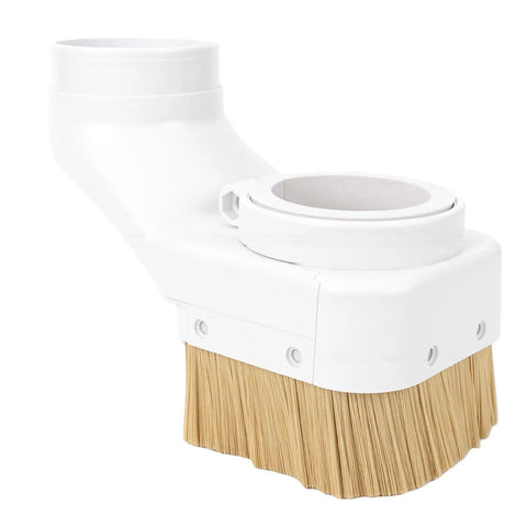 Top Shelf 75Mm Cnc Dust Shoe For Engraving Machines Offering No Sweat Chip Control And A Straight Up Secure Spindle Fit That Keeps Your Rig Clean Between Sessions showing white ABS dust shoe with brush.