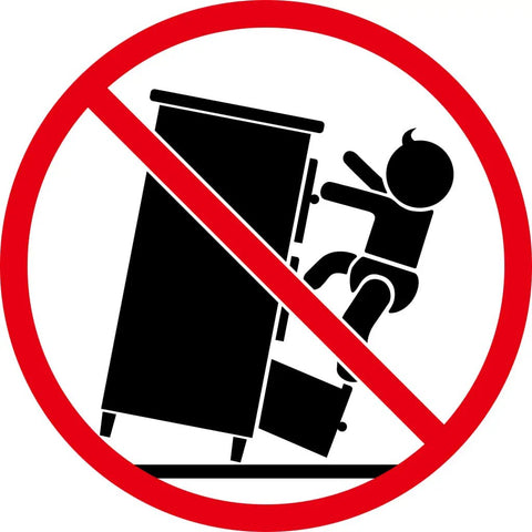 Warning sign showing child climbing a cabinet with a red prohibition circle, indicating risk with furniture like Industrial 5 Tier Book Cabinet With Adjustable Shelves In Concrete Gray And Black Built Tough With Engineered Wood And Metal For Home Office Or Living Room Storage.
