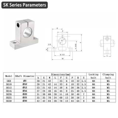 SK12 Aluminum Linear Rod Rail Shaft Support dimensions and specifications for 12mm shafts, showcases design features.