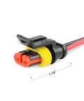 Two-pin waterproof automotive wire terminal connector for 16 AWG, red housing with yellow seal, 1.14" long