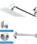 High Pressure Square Shower Head Kit With 11 Inch Extension Arm, showing chrome arm and angular showerhead detail.