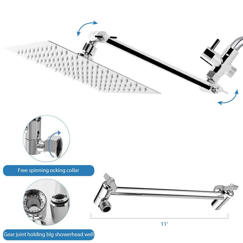 High Pressure Square Shower Head Kit With 11 Inch Extension Arm, showing chrome arm and angular showerhead detail.