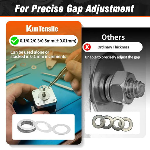Comparison of Gearhead Shim Washer Set 304 Stainless Steel, 448 Pcs in use and ordinary washers; showing precise gap adjustment