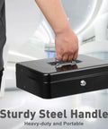 Person holding Locking Cash Box With Key Lock And Cash Tray Heavy Duty Steel Money Safe Box Portable Organizer, side view.