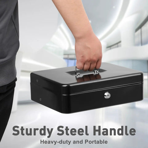Person holding Locking Cash Box With Key Lock And Cash Tray Heavy Duty Steel Money Safe Box Portable Organizer, side view.