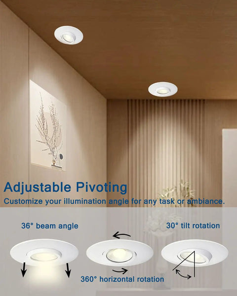 4 Inch Led Recessed Lights Dimmable 12 Pack Ultra Thin With Junction Box Adjustable Trim 5 Color Temperature 2700K To 5000K ETL Certified Perfect For Bedroom Bathroom Kitchen Hallway And More showing adjustable pivoting in room setting