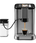 Fully Automatic Espresso Machine Drops Creamy Lattes And Rich Cappuccinos Faster Than Your Morning Commute With A Built In Conical Burr Grinder One Touch Frother And Solid Twenty Bar Pressure In Matte Grey making espresso into a glass.