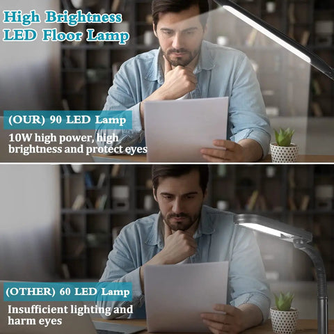 Man reading under Totally Adjustable Gooseneck Floor Lamp With 3 Color Temperatures And Stepless Dimmer, 10-100 Percent Brightness, 2 In 1 Desk And Floor Lamp For Living Room And Bedroom, The Ultimate Reading Light