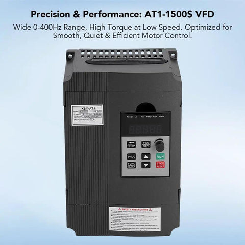 Image of a 1.5KW 220V VFD Inverter for Spindle Motor Speed Control, with visible control panel and plug-and-play features.