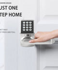 Person using Dawn Electronic Door Lock With Handle And Keypad Smart Keyless Entry For Front Door Digital Knob in brushed nickel