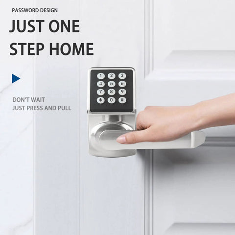 Person using Dawn Electronic Door Lock With Handle And Keypad Smart Keyless Entry For Front Door Digital Knob in brushed nickel