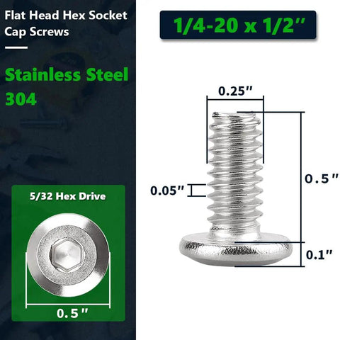 Heavy-Duty 1/4-20 X 1/2 Inch Flat Head Socket Cap Screws 304 Stainless Steel showing dimensions and hex drive for furniture assembly.