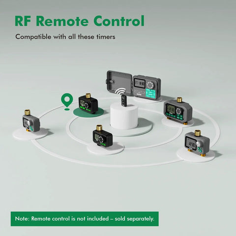 Image showing RF remote control compatibility for Two Zone Sprinkler Timer For Outdoor Hose Faucet With Brass Inlet And Large Dial.
