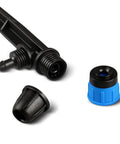 Close-up of components from 55 Piece Drip Emitter Stakes Kit With 360 Degree Adjustable Flow Fan Sprayer and sprinkler fittings.