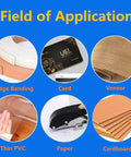 Various applications of Beast Of A Heavy Duty Single Hole Punch Handheld Paper Punch including edge banding, cards, veneer, PVC, paper, cardboard.