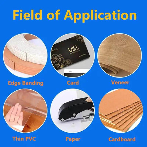 Various applications of Beast Of A Heavy Duty Single Hole Punch Handheld Paper Punch including edge banding, cards, veneer, PVC, paper, cardboard.