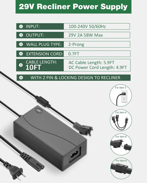 Recliner Power Cord Replacement 2 Pin AC DC Switching Power Supply For Electric Recliners 29V with 2-prong plug and 10ft cable