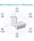 USB Wall Charger 5V 2A Fast Charging Plug For iPhone iPad Samsung Kindle And More 100-240V Travel Ready White 2 Pack With Smart IC And Overload Protection displayed with protection features