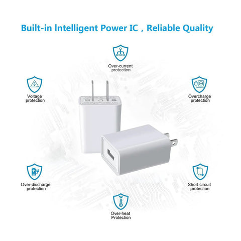 USB Wall Charger 5V 2A Fast Charging Plug For iPhone iPad Samsung Kindle And More 100-240V Travel Ready White 2 Pack With Smart IC And Overload Protection displayed with protection features