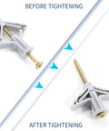 Heavy Duty Butterfly Drywall Anchors Kit With Self Drilling Screws Knockout Hollow Wall Fasteners For No Sweat Setup Using Ribbed Nylon Tubes On Interior Plasterboard Panels, showing before and after tightening screws.