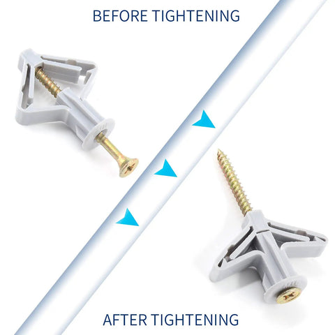 Heavy Duty Butterfly Drywall Anchors Kit With Self Drilling Screws Knockout Hollow Wall Fasteners For No Sweat Setup Using Ribbed Nylon Tubes On Interior Plasterboard Panels, showing before and after tightening screws.