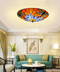 Dragonfly 3 Light Flush Mount Ceiling Light With Orange Stained Glass Shade 16 Inch Diameter Glass Fixture For Living Room