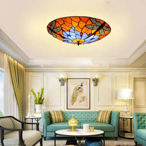 Dragonfly 3 Light Flush Mount Ceiling Light With Orange Stained Glass Shade 16 Inch Diameter Glass Fixture For Living Room