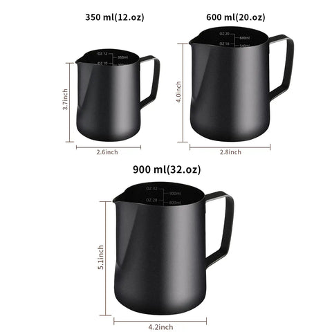 Sturdy Stainless Steel Milk Frothing Pitcher 12 Oz 350 Ml With Barista Grade Latte Art Pen for Espresso Machines, shown with size dimensions.