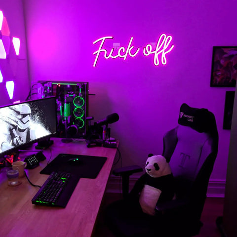 Pink USB Neon That Says Fuck Off Bright Wall Light For Bedroom Game Room Bar Or Office Real LED Neon Look lit in gaming room.
