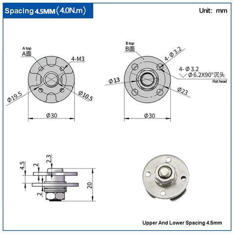 Smooth Adjustable Torque Hinge For 4.5mm Robot Arm Joint With 360 Degree Rotary Disc Damping Shaft size diagram with measurements.