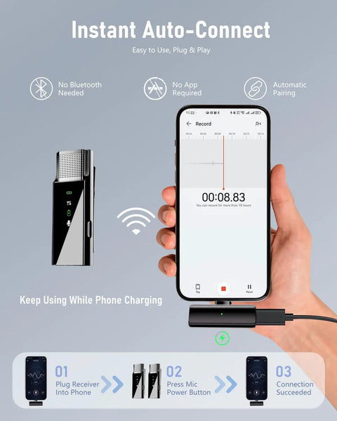 Wireless Pro Lavalier Microphone System For iPhone Android PC And Laptop With USB C And Lightning, 48KHz 24Bit Audio setup.