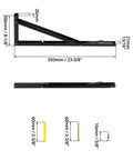 Heavy Duty 24 Inch Folding Shelf Brackets Two Pack showing dimensions and installation hardware, black iron material for strong support.