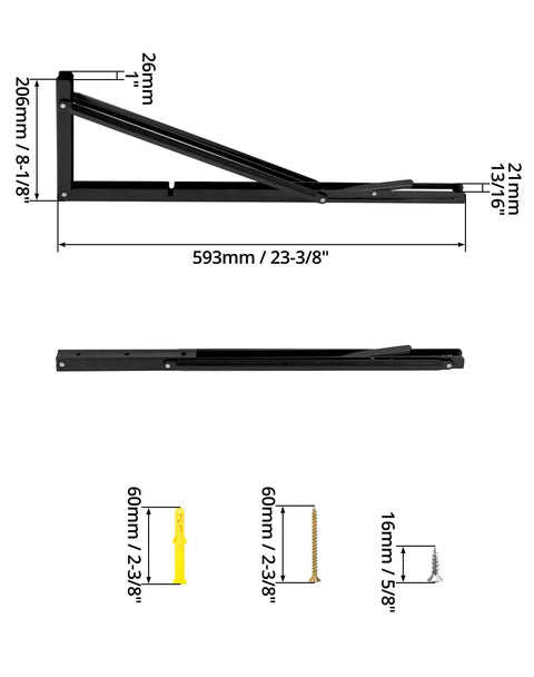 Heavy Duty 24 Inch Folding Shelf Brackets Two Pack showing dimensions and installation hardware, black iron material for strong support.