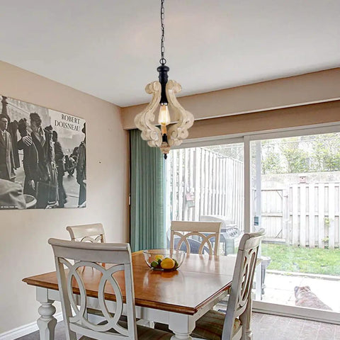 Rustic Farmhouse Pendant Light With Adjustable Height, Wooden Island Chandelier over dining table, round base ceiling fixture.
