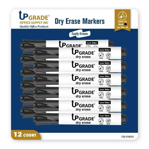 Black Dry Erase Markers 12 Count Set With Low Odor Ink And Chisel Tip for whiteboards, stacked with packaging