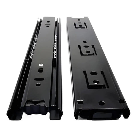 Heavy Duty 3 Stage Soft Close Drawer Slides For Rock Solid Cabinet Builds featuring black steel construction and full extension design.