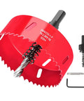 4 Inch HSS Bi-Metal Hole Saw With Arbor And Mandrel, Pro Grade M42 Bi-Metal Cutter for Drywall, Plywood, PVC, and Aluminum shown close-up